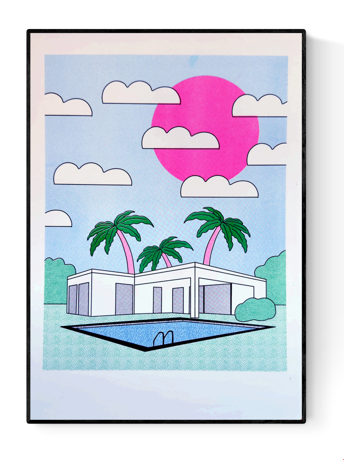 A3 risograph art print titled Palm Springs by Belgian illustrator Studio Stoutpoep. Features a retro white villa with palm trees, a blue pool, and a bold pink sun in a surreal Californian landscape. Printed on recycled paper in Belgium.