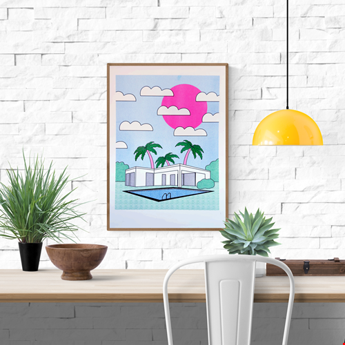 A3 risograph art print titled Palm Springs by Belgian illustrator Studio Stoutpoep. Features a retro white villa with palm trees, a blue pool, and a bold pink sun in a surreal Californian landscape. Printed on recycled paper in Belgium.