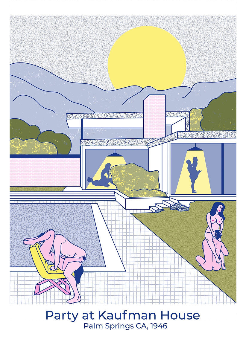 Erotic risograph print titled Party at Kaufman House by Studio Stoutpoep. Features mid-century modern architecture with nude figures and bold adult scenes set in Palm Springs. A2 art print in pastel and retro colors, printed in Belgium.