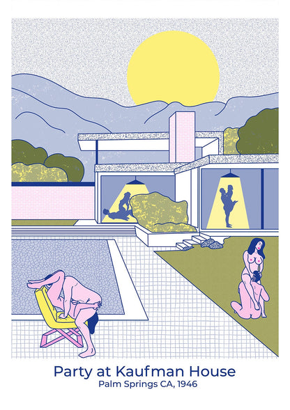 Erotic risograph print titled Party at Kaufman House by Studio Stoutpoep. Features mid-century modern architecture with nude figures and bold adult scenes set in Palm Springs. A2 art print in pastel and retro colors, printed in Belgium.