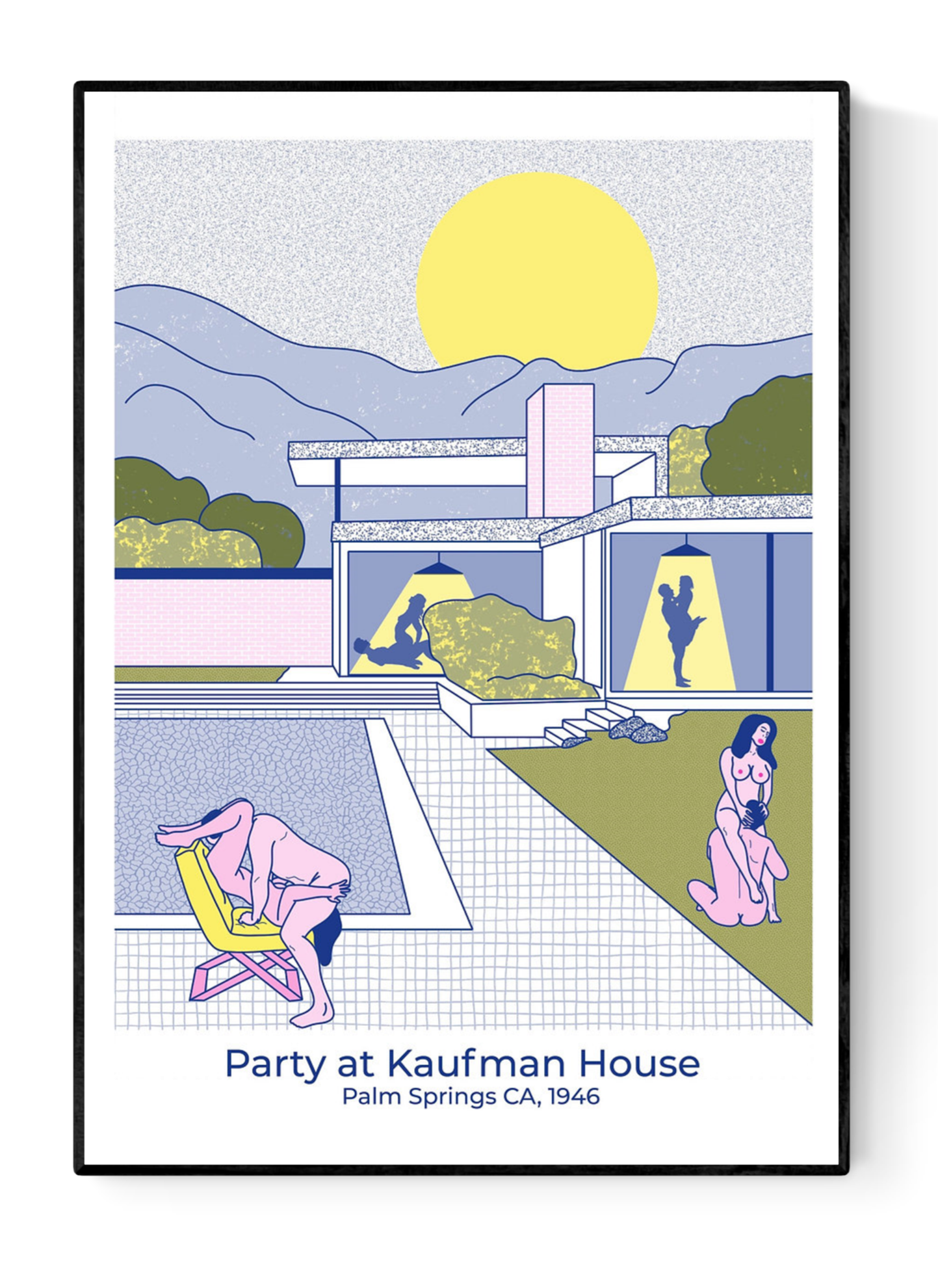 Erotic risograph print titled Party at Kaufman House by Studio Stoutpoep. Features mid-century modern architecture with nude figures and bold adult scenes set in Palm Springs. A2 art print in pastel and retro colors, printed in Belgium.