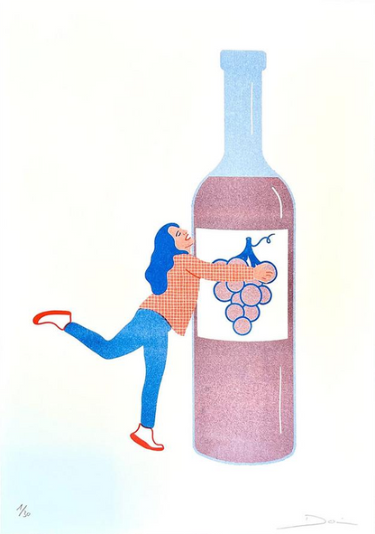 Limited edition risograph art print titled “Tgif, part 3” by Studio Stoutpoep, featuring a joyful woman hugging an oversized wine bottle, in red, blue, and pink tones on white background – A3 print made in Belgium.