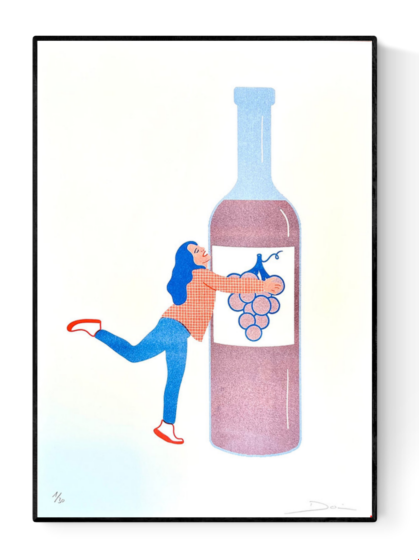 Limited edition risograph art print titled “Tgif, part 3” by Studio Stoutpoep, featuring a joyful woman hugging an oversized wine bottle, in red, blue, and pink tones on white background – A3 print made in Belgium.