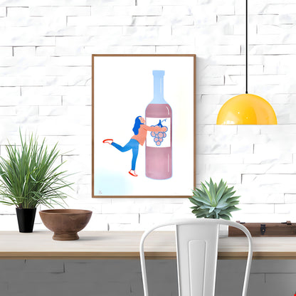 Limited edition risograph art print titled “Tgif, part 3” by Studio Stoutpoep, featuring a joyful woman hugging an oversized wine bottle, in red, blue, and pink tones on white background – A3 print made in Belgium.