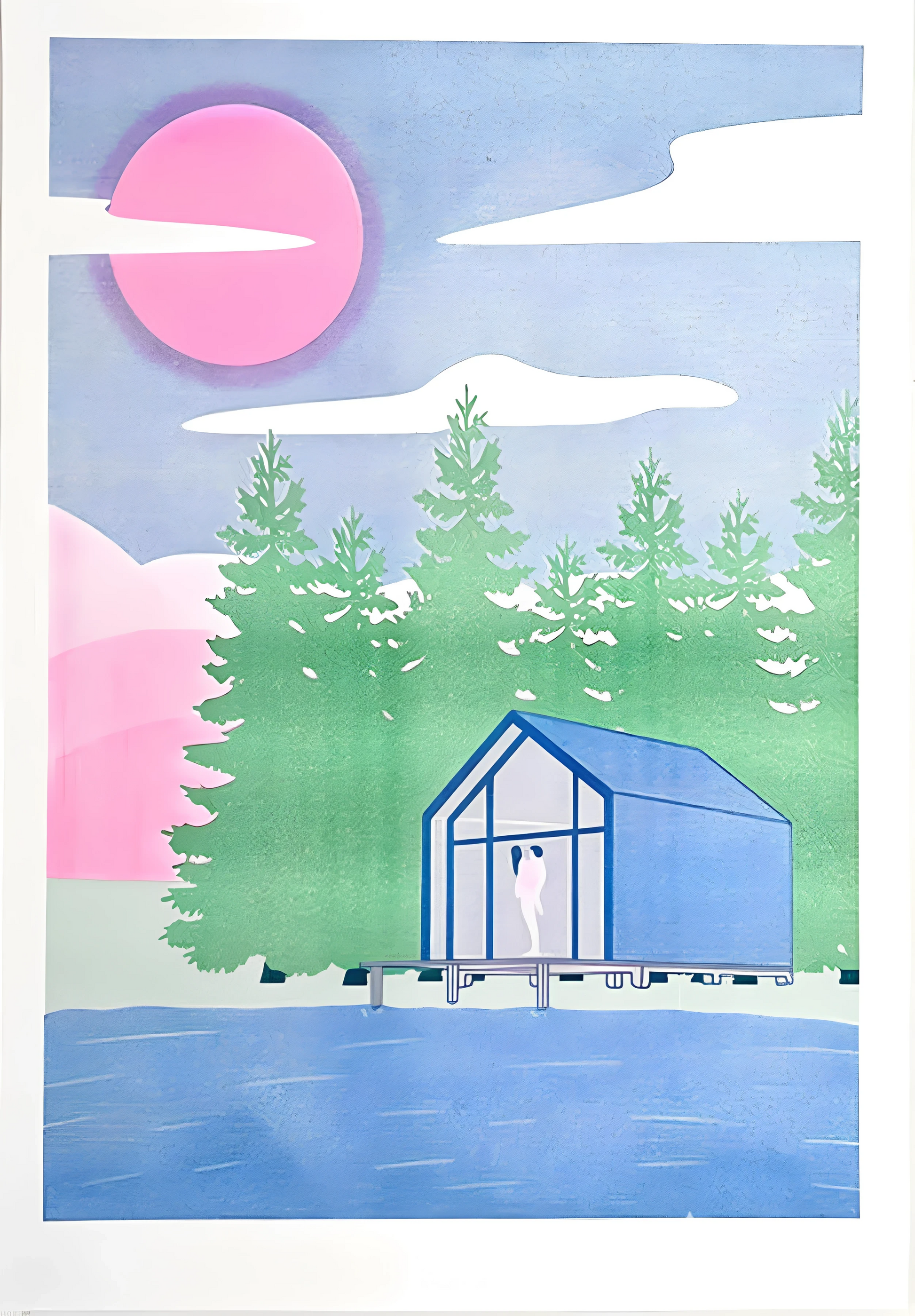 Pavilion art print by Studio Stoutpoep – A2 risograph print featuring a modern lakeside cabin in a forest, with two nude silhouettes embracing inside. Dreamy pink sky, blue water, green trees. Contemporary humorous artwork printed in Belgium.