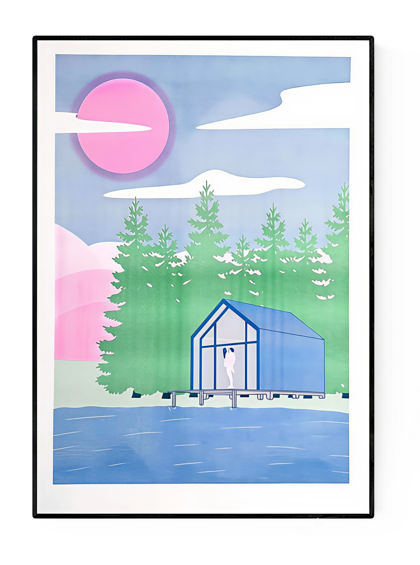 Pavilion art print by Studio Stoutpoep – A2 risograph print featuring a modern lakeside cabin in a forest, with two nude silhouettes embracing inside. Dreamy pink sky, blue water, green trees. Contemporary humorous artwork printed in Belgium.