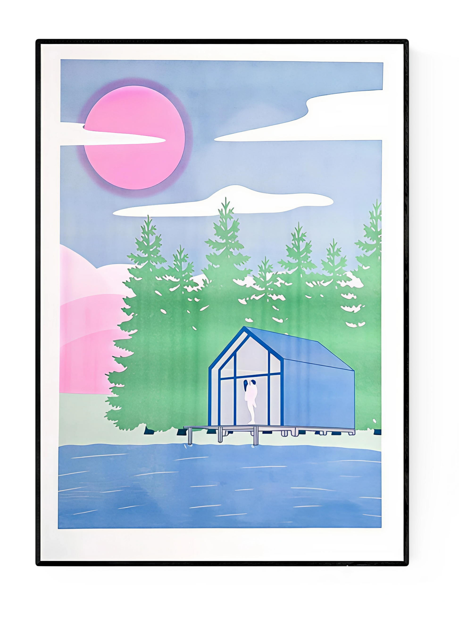 Pavilion art print by Studio Stoutpoep – A2 risograph print featuring a modern lakeside cabin in a forest, with two nude silhouettes embracing inside. Dreamy pink sky, blue water, green trees. Contemporary humorous artwork printed in Belgium.