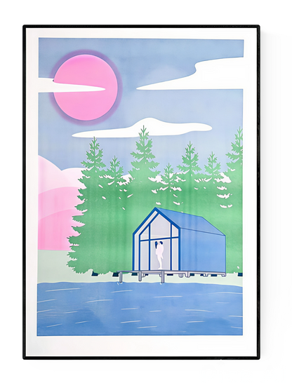 Pavilion art print by Studio Stoutpoep – A2 risograph print featuring a modern lakeside cabin in a forest, with two nude silhouettes embracing inside. Dreamy pink sky, blue water, green trees. Contemporary humorous artwork printed in Belgium.