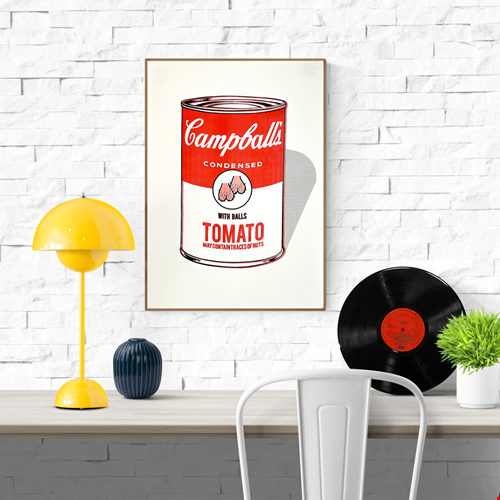 Campballs by Studio Stoutpoep – risograph A2 art print parodying the Campbell’s soup can, featuring the text "Tomato with balls" and humorous testicle icon. Bold pop-art illustration with edgy humor. Printed in Belgium on 300g paper.