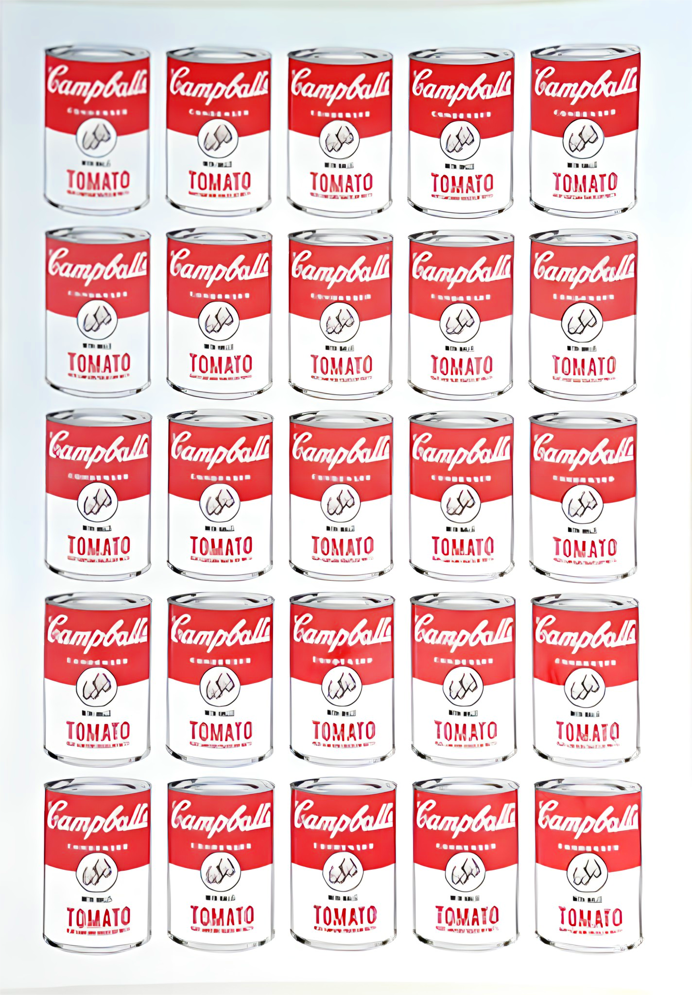 Campballs Andy's Version by Studio Stoutpoep – risograph A2 art print featuring a grid of humorous soup cans parodying Warhol’s Campbell’s series. Red and white tomato cans labeled "with balls" and “may contain traces of nuts.” Printed in Belgium with soy-based inks.
