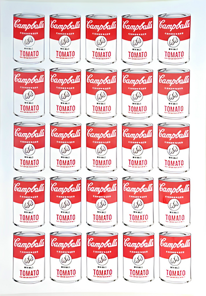 Campballs Andy's Version by Studio Stoutpoep – risograph A2 art print featuring a grid of humorous soup cans parodying Warhol’s Campbell’s series. Red and white tomato cans labeled "with balls" and “may contain traces of nuts.” Printed in Belgium with soy-based inks.