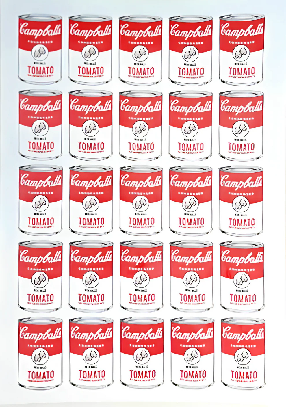 Campballs Andy's Version by Studio Stoutpoep – risograph A2 art print featuring a grid of humorous soup cans parodying Warhol’s Campbell’s series. Red and white tomato cans labeled "with balls" and “may contain traces of nuts.” Printed in Belgium with soy-based inks.