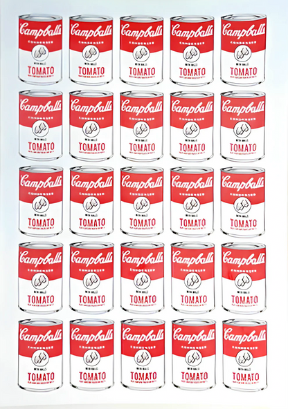 Campballs Andy's Version by Studio Stoutpoep – risograph A2 art print featuring a grid of humorous soup cans parodying Warhol’s Campbell’s series. Red and white tomato cans labeled "with balls" and “may contain traces of nuts.” Printed in Belgium with soy-based inks.