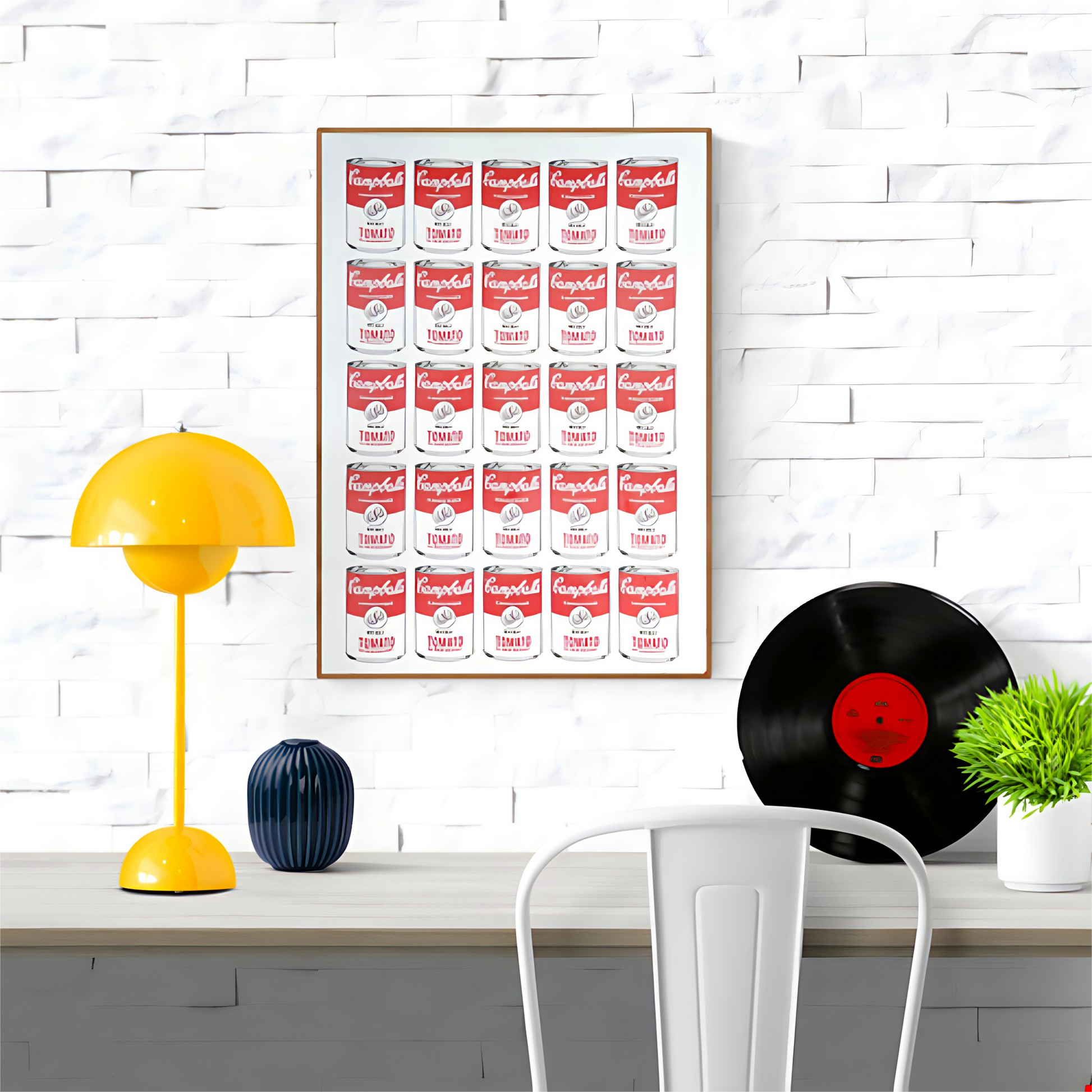 Campballs Andy's Version by Studio Stoutpoep – risograph A2 art print featuring a grid of humorous soup cans parodying Warhol’s Campbell’s series. Red and white tomato cans labeled "with balls" and “may contain traces of nuts.” Printed in Belgium with soy-based inks.