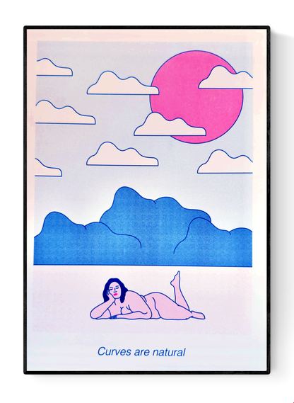 Curves Are Natural by Studio Stoutpoep – A3 risograph art print of a confident curvy nude figure in a pastel dreamscape with pink sun and blue clouds. Bold body-positive illustration printed in Belgium using soy-based inks.