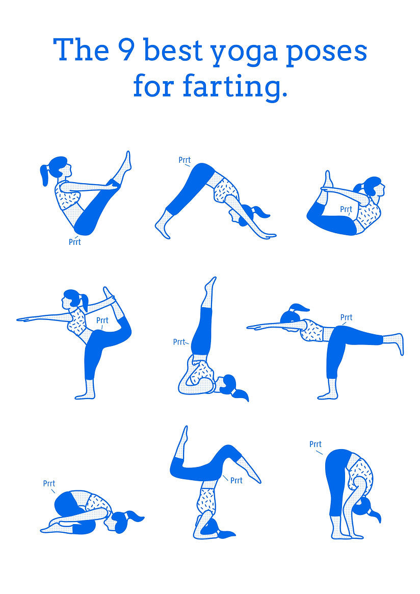 Funny A3 risograph print titled "The 9 Best Yoga Poses for Farting" by Studio Stoutpoep, showing blue illustrations of yoga positions with humorous fart sound effects. Printed in Belgium on eco-friendly paper.