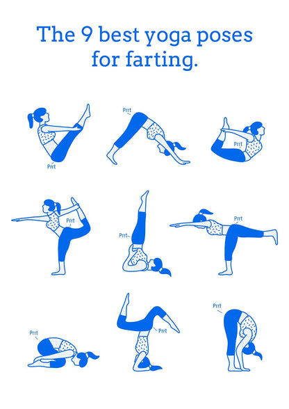 Funny A3 risograph print titled "The 9 Best Yoga Poses for Farting" by Studio Stoutpoep, showing blue illustrations of yoga positions with humorous fart sound effects. Printed in Belgium on eco-friendly paper.