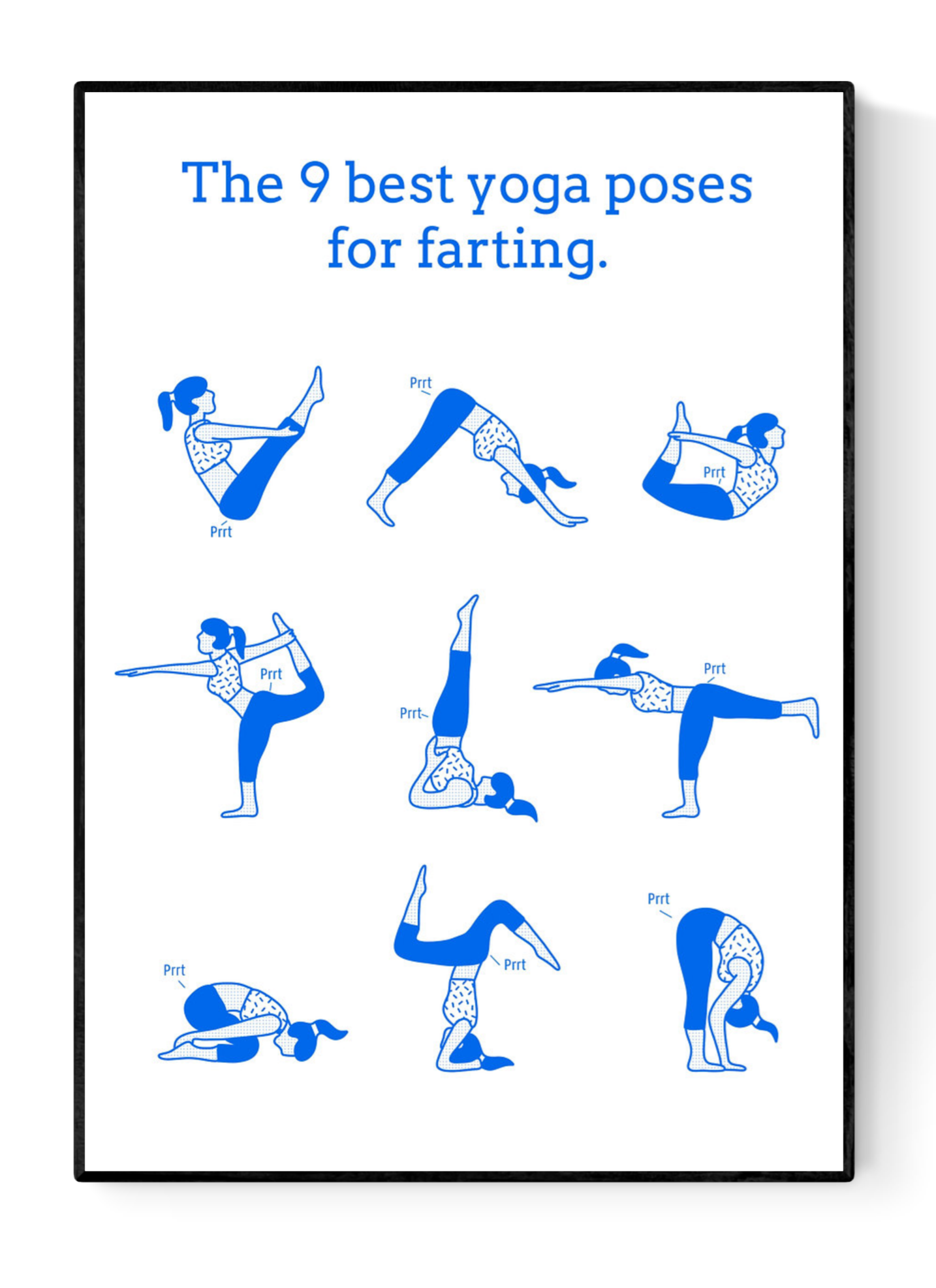 Funny A3 risograph print titled "The 9 Best Yoga Poses for Farting" by Studio Stoutpoep, showing blue illustrations of yoga positions with humorous fart sound effects. Printed in Belgium on eco-friendly paper.