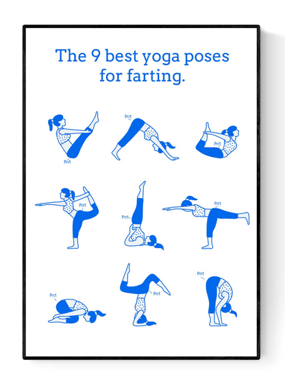 Funny A3 risograph print titled "The 9 Best Yoga Poses for Farting" by Studio Stoutpoep, showing blue illustrations of yoga positions with humorous fart sound effects. Printed in Belgium on eco-friendly paper.