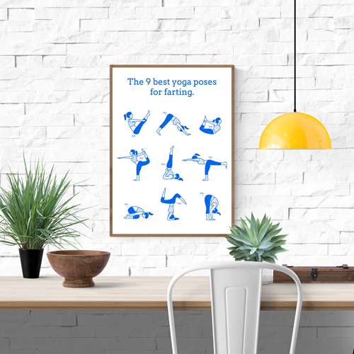 Funny A3 risograph print titled "The 9 Best Yoga Poses for Farting" by Studio Stoutpoep, showing blue illustrations of yoga positions with humorous fart sound effects. Printed in Belgium on eco-friendly paper.