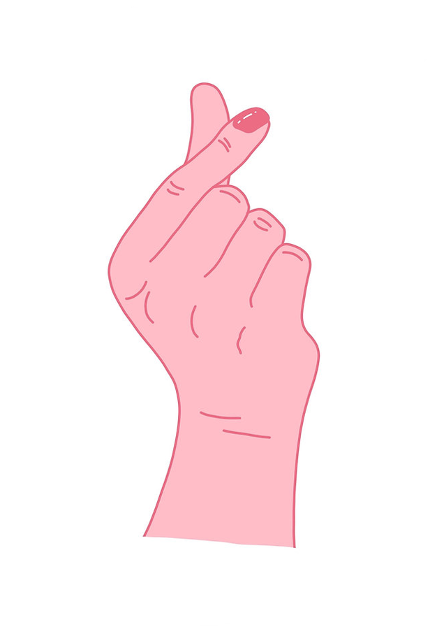 Screenprint artwork titled “Heart” by Studio Stoutpoep showing a pink hand making a Korean-style finger heart gesture on a white background. Minimalist A2 art print made in Belgium, ideal for modern interiors and pop art lovers.