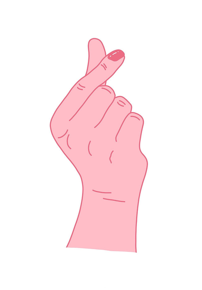 Screenprint artwork titled “Heart” by Studio Stoutpoep showing a pink hand making a Korean-style finger heart gesture on a white background. Minimalist A2 art print made in Belgium, ideal for modern interiors and pop art lovers.