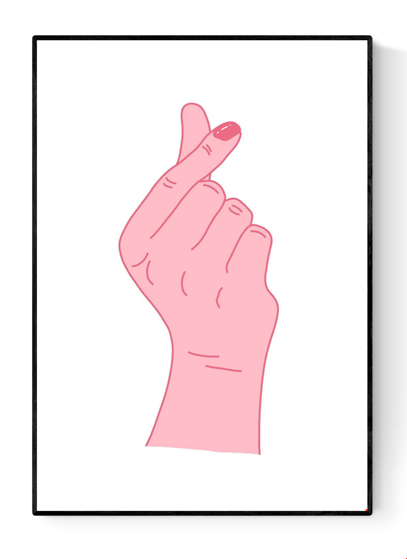 Screenprint artwork titled “Heart” by Studio Stoutpoep showing a pink hand making a Korean-style finger heart gesture on a white background. Minimalist A2 art print made in Belgium, ideal for modern interiors and pop art lovers.