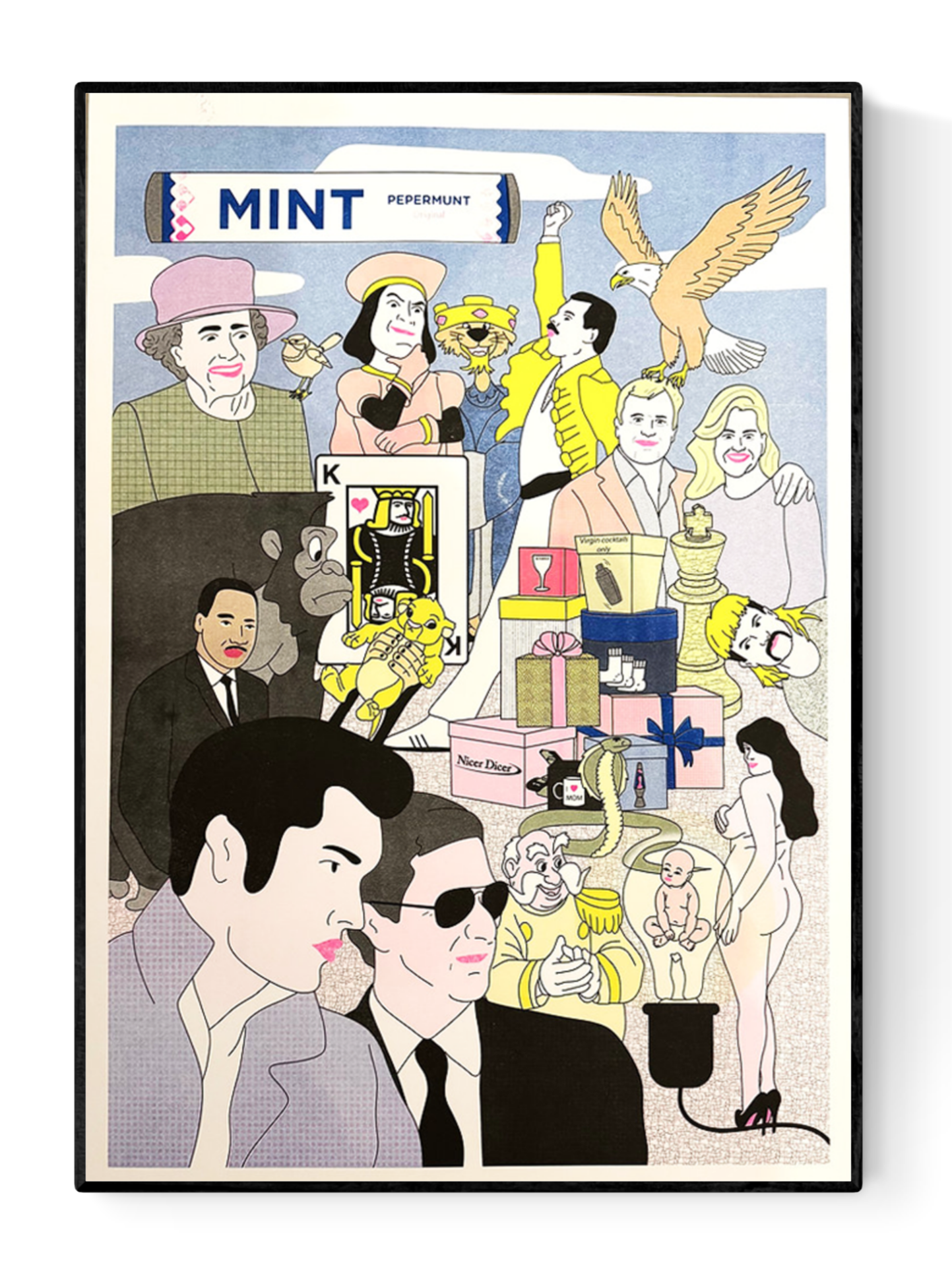 Colorful risograph art print featuring a surreal collage of pop culture icons and absurd characters, titled “Kings” by Studio Stoutpoep – A2 print made in Belgium.