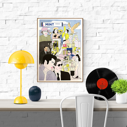 Colorful risograph art print featuring a surreal collage of pop culture icons and absurd characters, titled “Kings” by Studio Stoutpoep – A2 print made in Belgium.