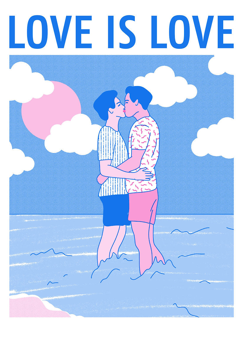 Romantic risograph print of two men kissing in the ocean under a pink sun with the text “Love is Love” – LGBTQ+ art by Studio Stoutpoep, A3 size.