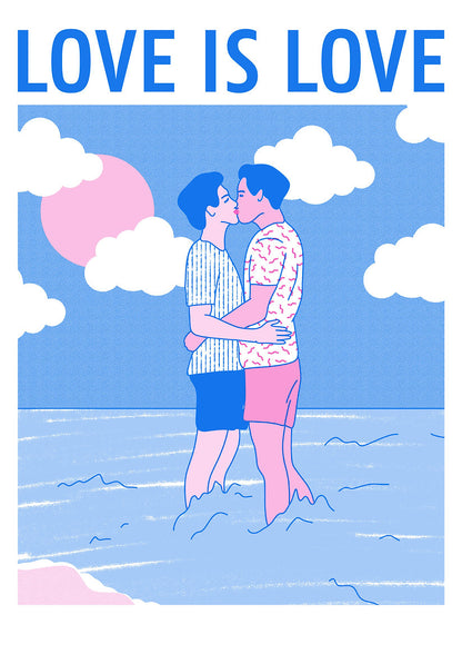 Romantic risograph print of two men kissing in the ocean under a pink sun with the text “Love is Love” – LGBTQ+ art by Studio Stoutpoep, A3 size.