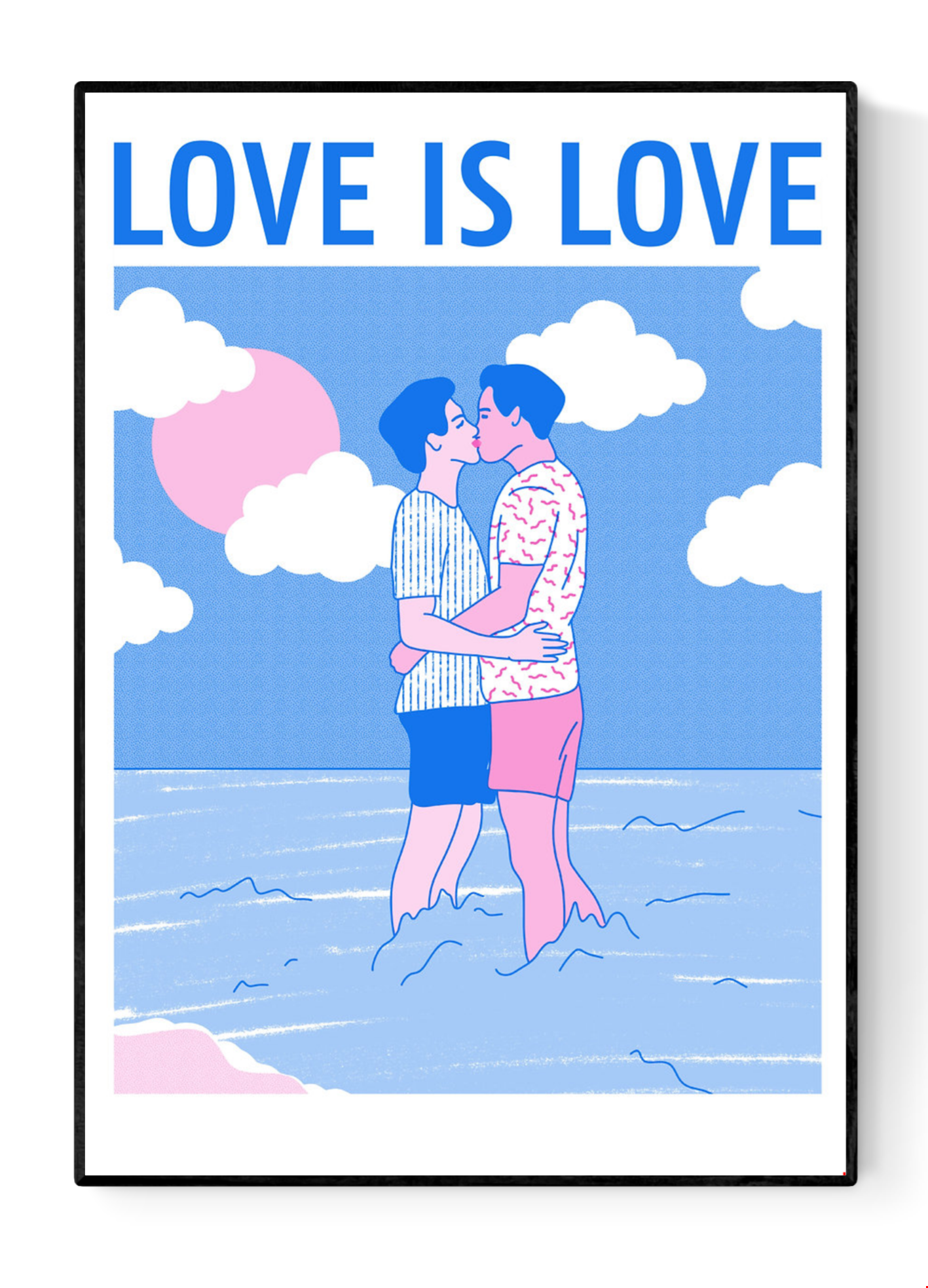 Romantic risograph print of two men kissing in the ocean under a pink sun with the text “Love is Love” – LGBTQ+ art by Studio Stoutpoep, A3 size.
