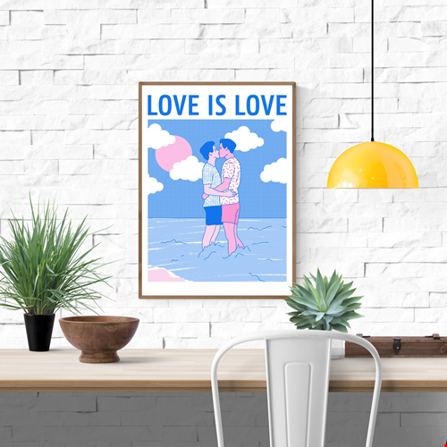Romantic risograph print of two men kissing in the ocean under a pink sun with the text “Love is Love” – LGBTQ+ art by Studio Stoutpoep, A3 size.