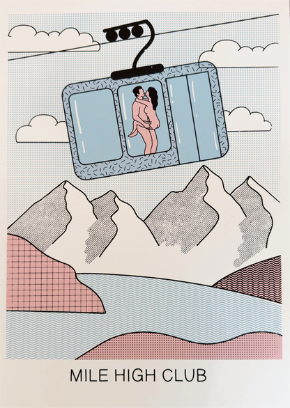 Screenprint artwork titled “Mile High Club” by Studio Stoutpoep showing a naked couple embracing inside a ski gondola with mountain views in the background. A3 size, made in Belgium, humorous and erotic pop art style.