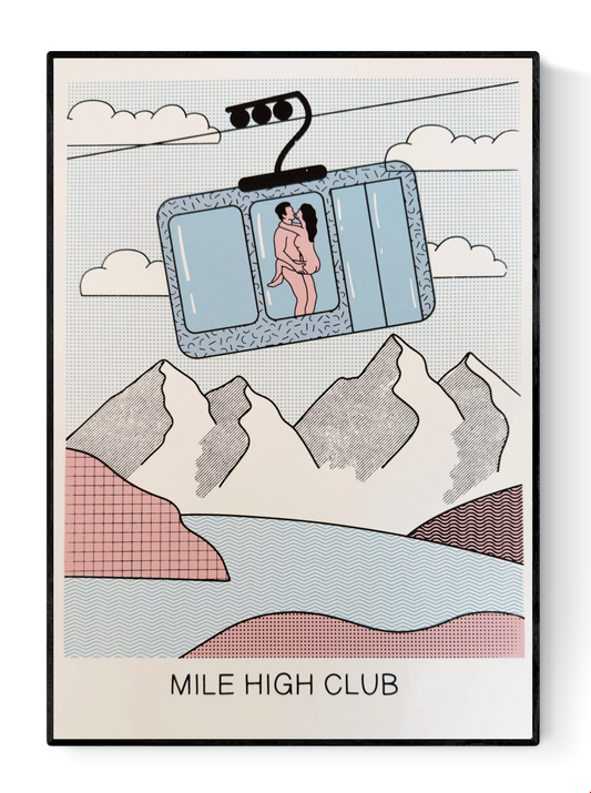 Screenprint artwork titled “Mile High Club” by Studio Stoutpoep showing a naked couple embracing inside a ski gondola with mountain views in the background. A3 size, made in Belgium, humorous and erotic pop art style.