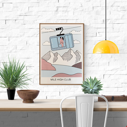 Screenprint artwork titled “Mile High Club” by Studio Stoutpoep showing a naked couple embracing inside a ski gondola with mountain views in the background. A3 size, made in Belgium, humorous and erotic pop art style.
