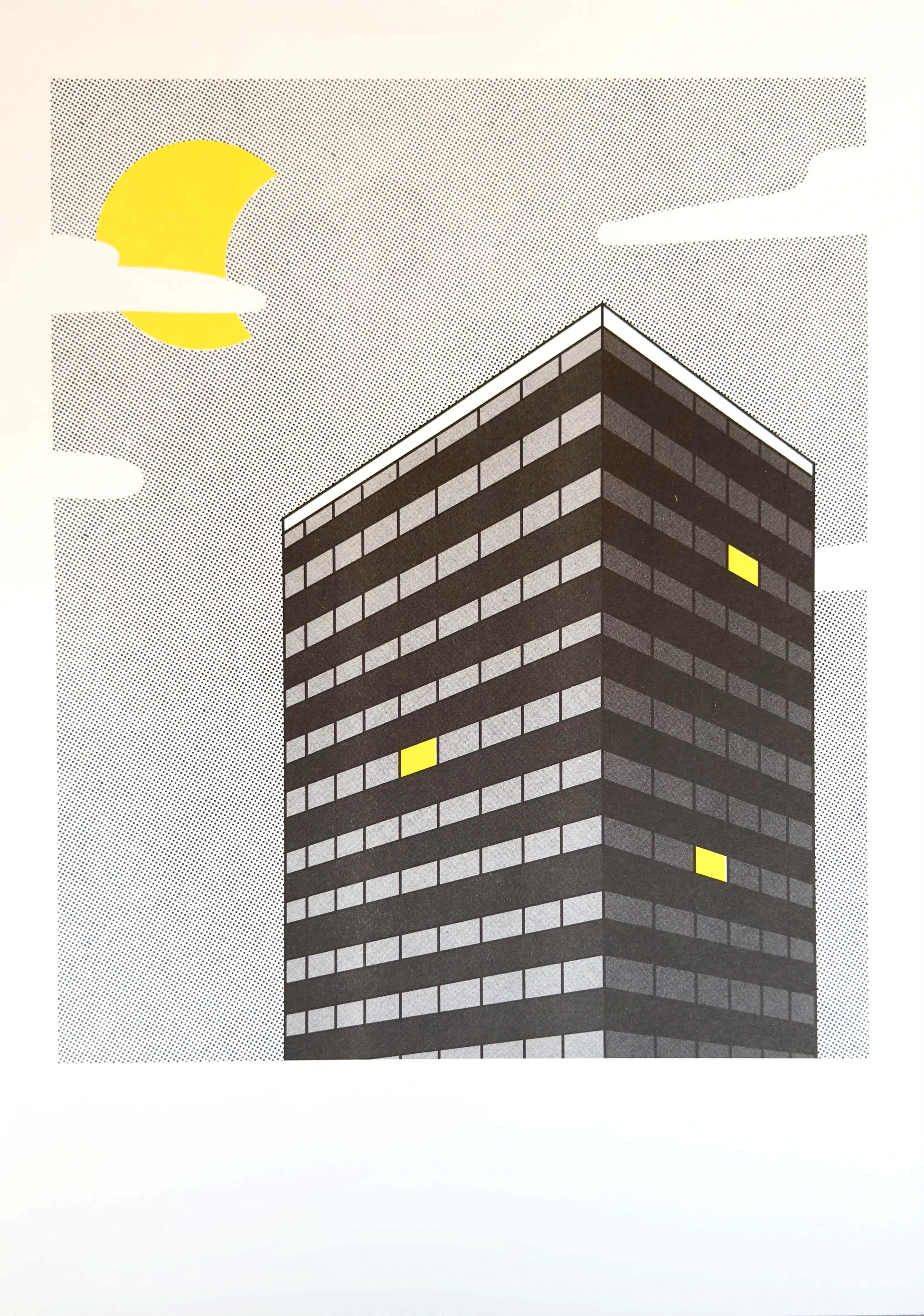 A3 risograph print titled Night View by Belgian illustrator Studio Stoutpoep. Features a modern dark building under a pixel-style sky with a yellow moon and a few windows lit in bright yellow. Bold, minimalist urban artwork printed on recycled paper in Belgium.