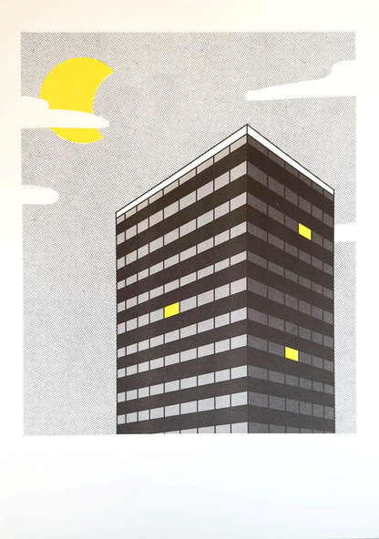 A3 risograph print titled Night View by Belgian illustrator Studio Stoutpoep. Features a modern dark building under a pixel-style sky with a yellow moon and a few windows lit in bright yellow. Bold, minimalist urban artwork printed on recycled paper in Belgium.