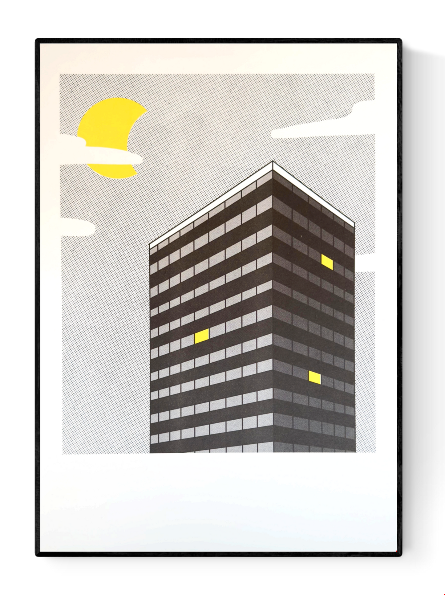 A3 risograph print titled Night View by Belgian illustrator Studio Stoutpoep. Features a modern dark building under a pixel-style sky with a yellow moon and a few windows lit in bright yellow. Bold, minimalist urban artwork printed on recycled paper in Belgium.