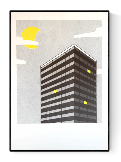 A3 risograph print titled Night View by Belgian illustrator Studio Stoutpoep. Features a modern dark building under a pixel-style sky with a yellow moon and a few windows lit in bright yellow. Bold, minimalist urban artwork printed on recycled paper in Belgium.
