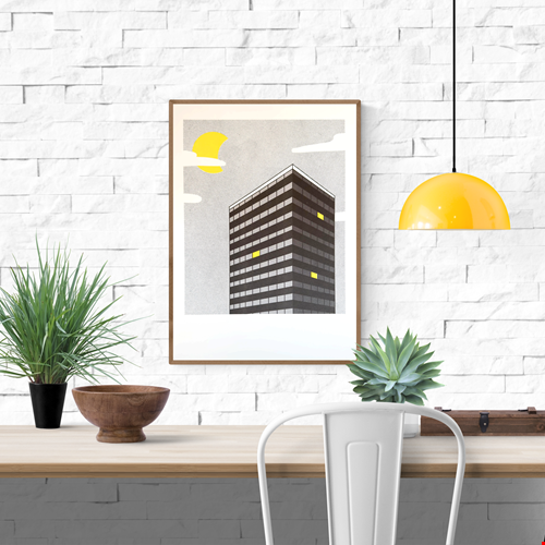A3 risograph print titled Night View by Belgian illustrator Studio Stoutpoep. Features a modern dark building under a pixel-style sky with a yellow moon and a few windows lit in bright yellow. Bold, minimalist urban artwork printed on recycled paper in Belgium.