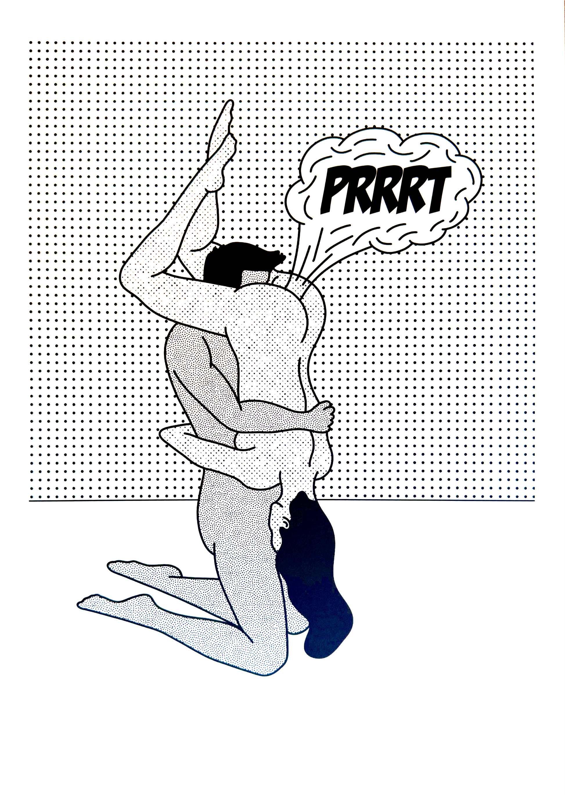 Funny risograph print by Studio Stoutpoep showing a stylized erotic couple in a humorous moment with the word “Prrrt” – A3 art print made in Belgium, perfect for fans of bold, comic-inspired illustrations.