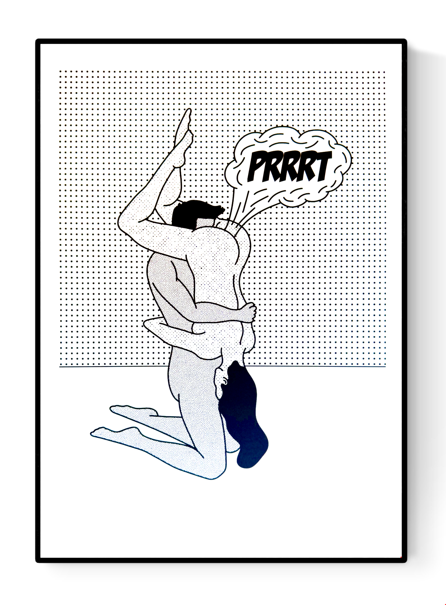 Funny risograph print by Studio Stoutpoep showing a stylized erotic couple in a humorous moment with the word “Prrrt” – A3 art print made in Belgium, perfect for fans of bold, comic-inspired illustrations.
