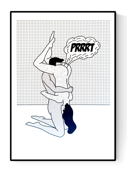 Funny risograph print by Studio Stoutpoep showing a stylized erotic couple in a humorous moment with the word “Prrrt” – A3 art print made in Belgium, perfect for fans of bold, comic-inspired illustrations.