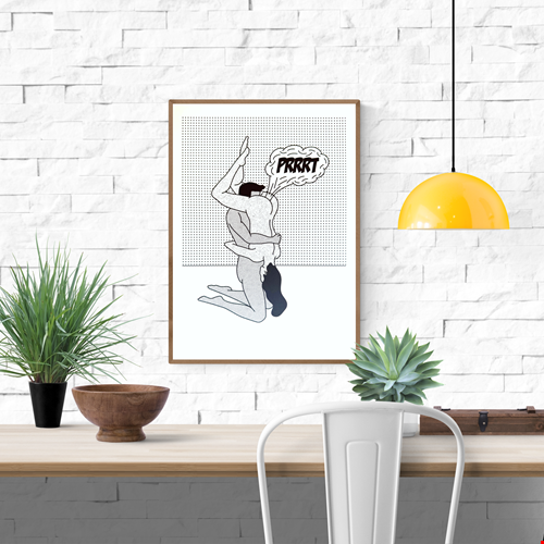 Funny risograph print by Studio Stoutpoep showing a stylized erotic couple in a humorous moment with the word “Prrrt” – A3 art print made in Belgium, perfect for fans of bold, comic-inspired illustrations.