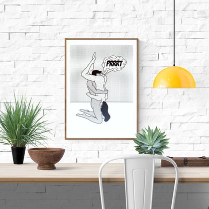 Funny risograph print by Studio Stoutpoep showing a stylized erotic couple in a humorous moment with the word “Prrrt” – A3 art print made in Belgium, perfect for fans of bold, comic-inspired illustrations.
