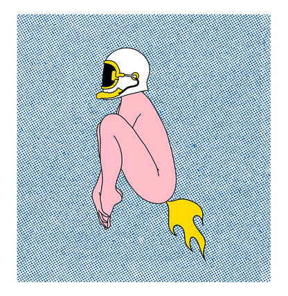 Colorful risograph art print by Studio Stoutpoep titled “Rocket” featuring a nude figure in a helmet jetting off with a fire-like fart on a dotted background – 50 x 50 cm contemporary pop-art illustration.