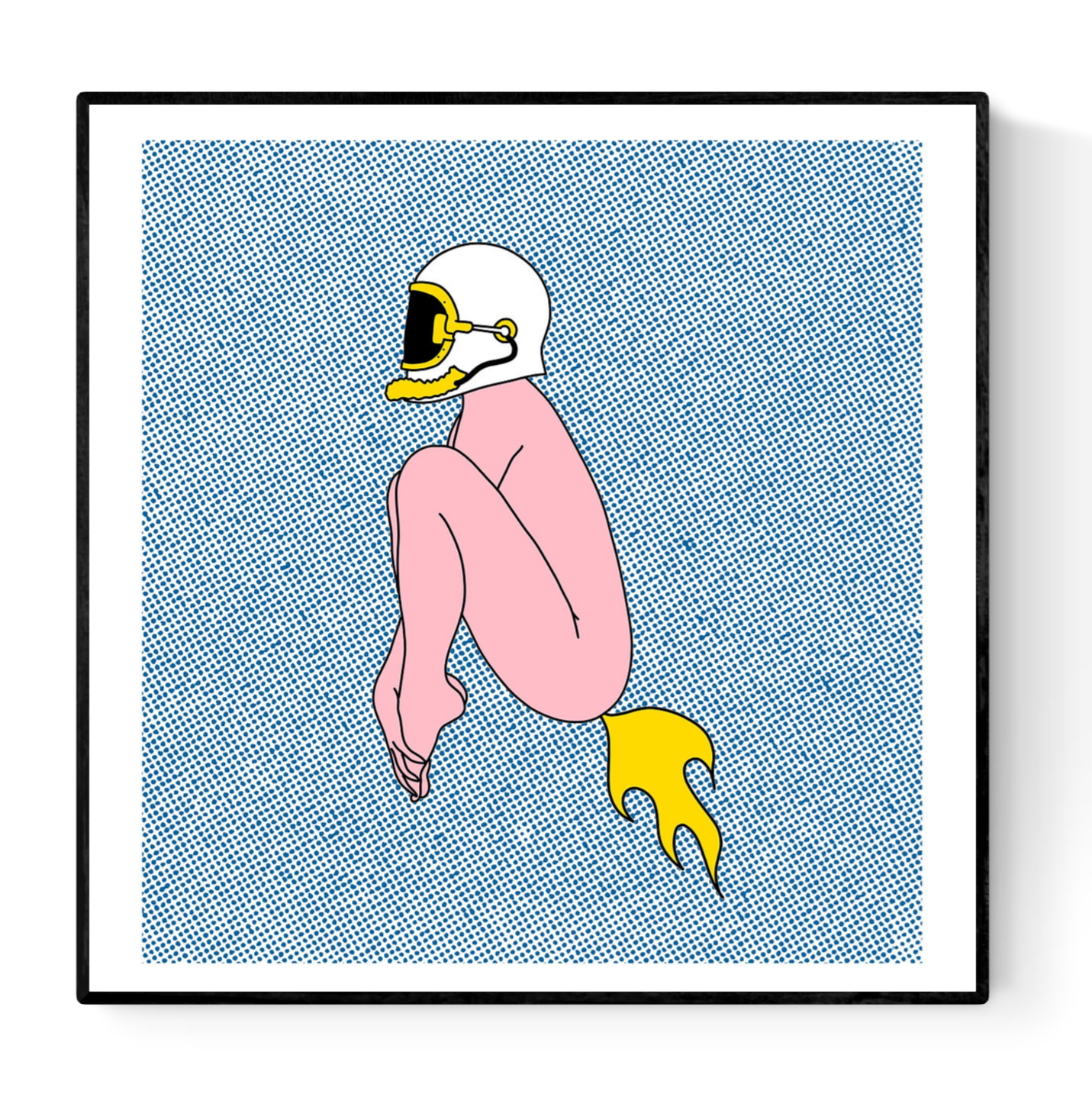 Colorful risograph art print by Studio Stoutpoep titled “Rocket” featuring a nude figure in a helmet jetting off with a fire-like fart on a dotted background – 50 x 50 cm contemporary pop-art illustration.