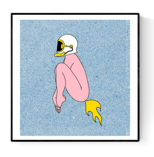 Colorful risograph art print by Studio Stoutpoep titled “Rocket” featuring a nude figure in a helmet jetting off with a fire-like fart on a dotted background – 50 x 50 cm contemporary pop-art illustration.