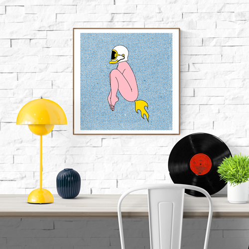 Colorful risograph art print by Studio Stoutpoep titled “Rocket” featuring a nude figure in a helmet jetting off with a fire-like fart on a dotted background – 50 x 50 cm contemporary pop-art illustration.